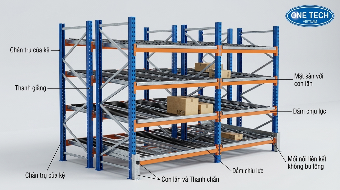 Cấu tạo kệ con lăn flowrack gồm khung trụ beam support con lăn và tấm chặn