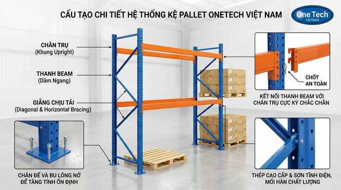 Cấu tạo kệ pallet Phú Thọ gồm chân trụ thanh beam và giằng chịu tải