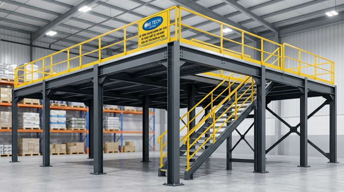 Cấu tạo kệ sàn mezzanine thép gồm cột trụ beam sàn lan can cầu thang