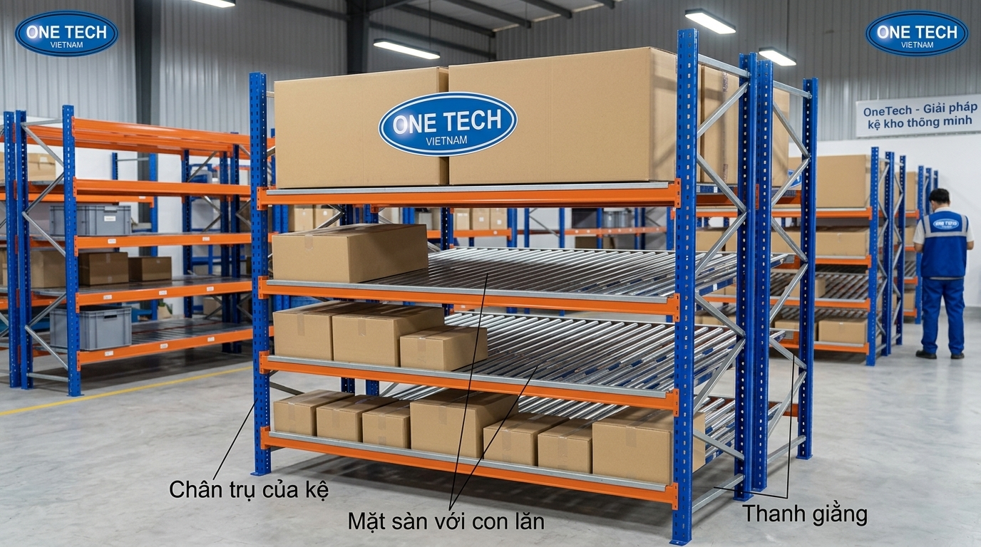 Nguyên lý hoạt động của kệ Flow racks Phú Thọ bằng con lăn nghiêng