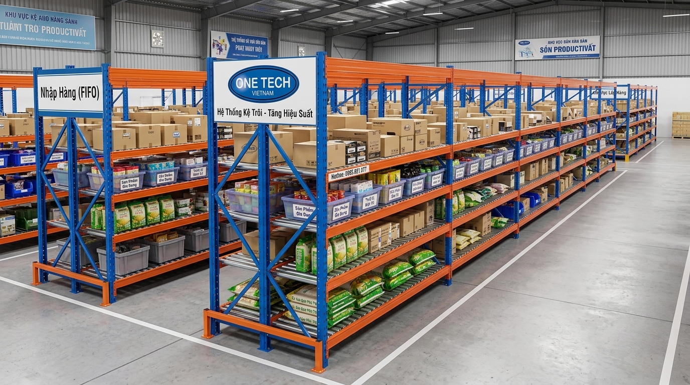 Kệ flowrack Phú Thọ sử dụng trong kho sản xuất và kho vật tư