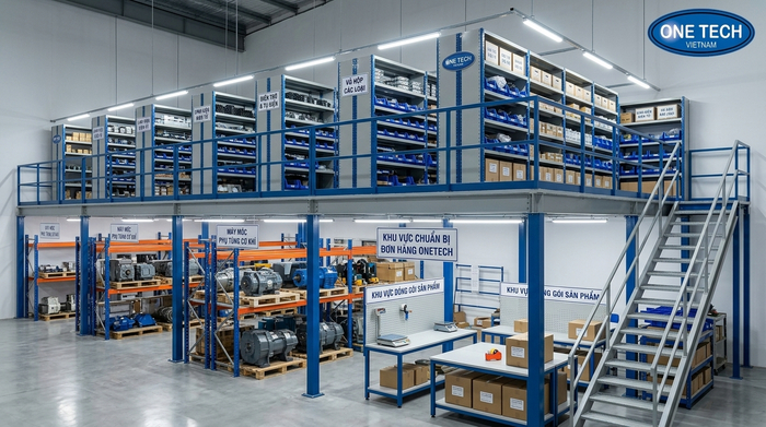 Kệ sàn mezzanine kết hợp kệ trung tải để lưu trữ linh kiện