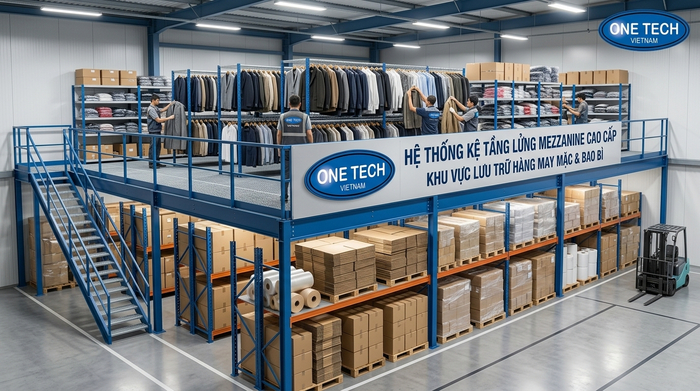 Kệ sàn mezzanine dùng cho kho hàng may mặc và bao bì