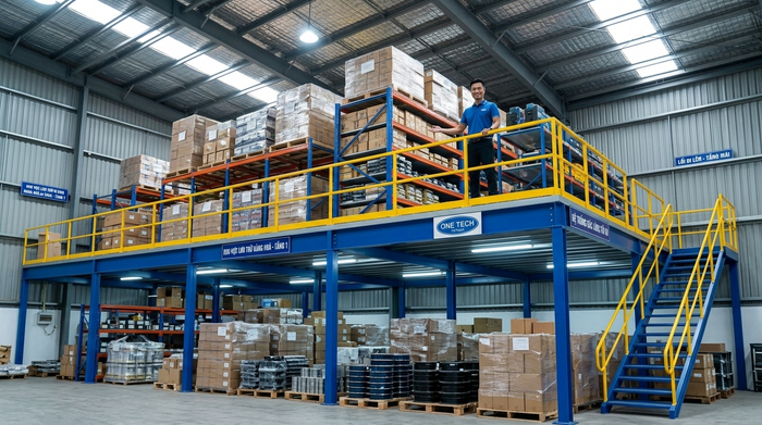 Kệ sàn mezzanine OneTech hoàn thiện cho kho công nghiệp