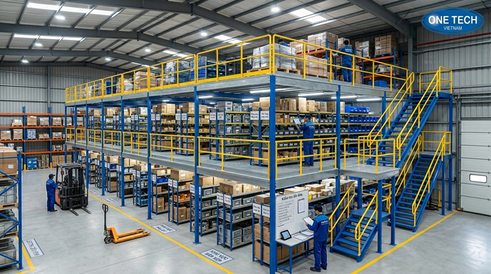 Kệ sàn mezzanine tạo thêm tầng lưu trữ hàng hóa trong kho