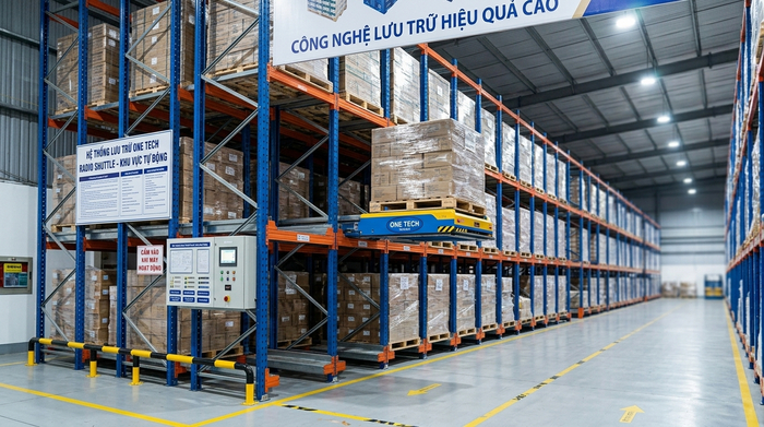 Robot shuttle di chuyển trên ray trong kệ pallet Phú Thọ