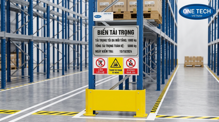 Biển tải trọng và cảnh báo an toàn trên kệ Narrow Aisle