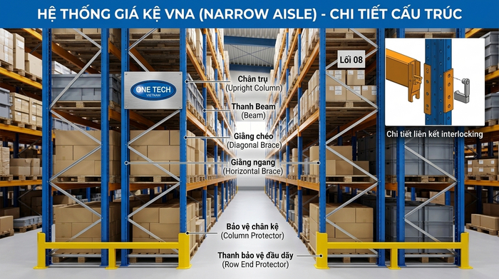 Cấu tạo hệ kệ Narrow Aisle gồm chân trụ beam giằng và thanh bảo vệ