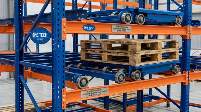 Cấu tạo hệ kệ push back gồm khung cột beam ray trượt và xe trượt