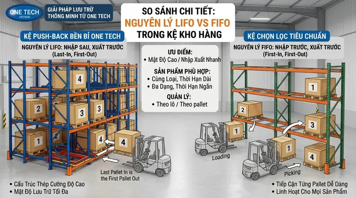 Minh họa LIFO trên kệ push back và so sánh với FIFO trong kho hàng