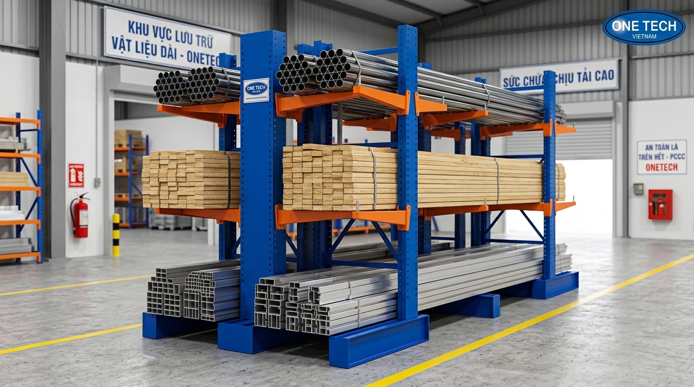 Kệ cantilever tải nặng chứa ống thép và vật liệu dài trong kho xưởng