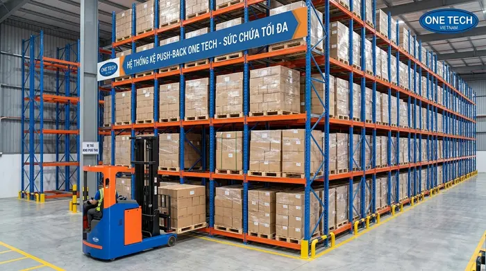Kệ đẩy lùi lưu trữ nhiều pallet theo chiều sâu cho kho Phú Thọ