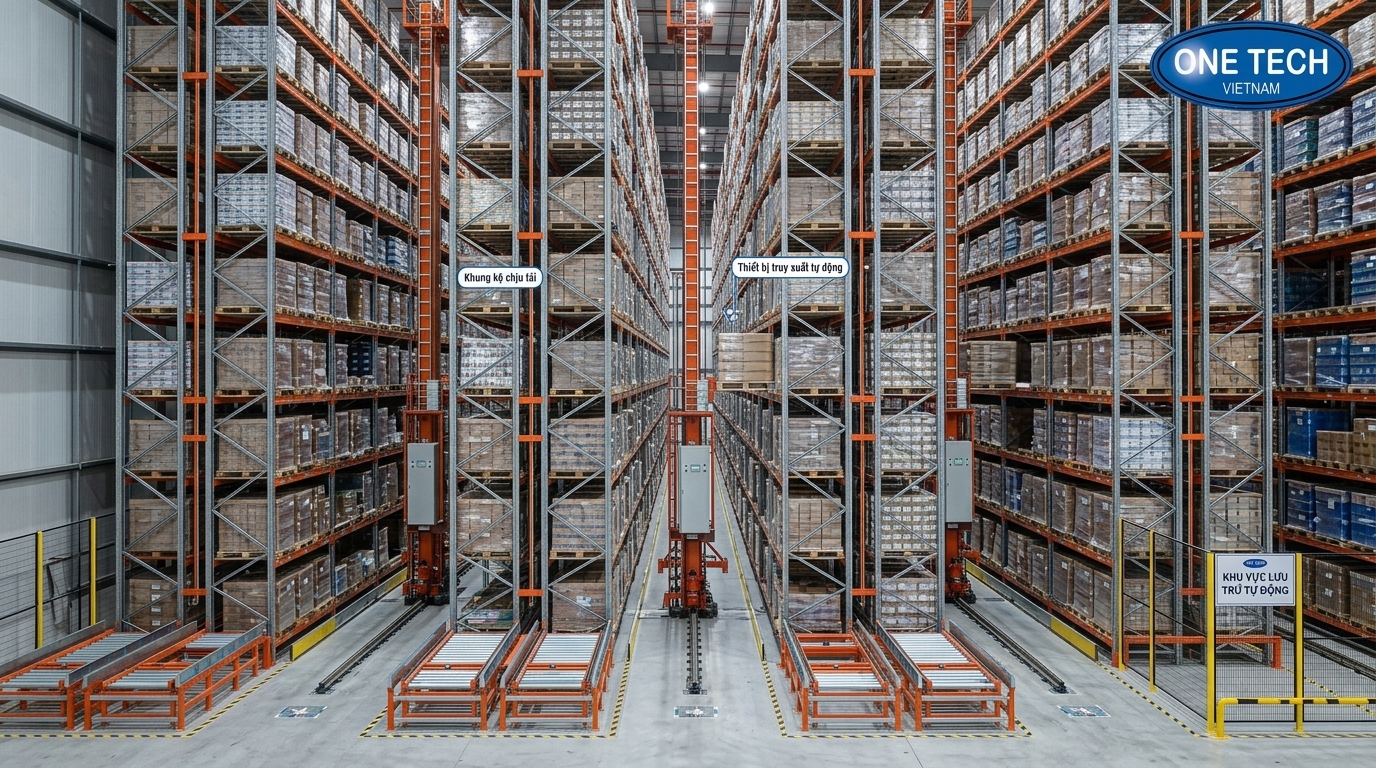 Cấu tạo hệ thống kệ kho ASRS Phú Thọ với kệ cao tầng và thiết bị tự động
