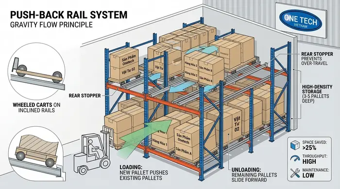 Nguyên lý hoạt động của kệ push back Phú Thọ trong kho pallet