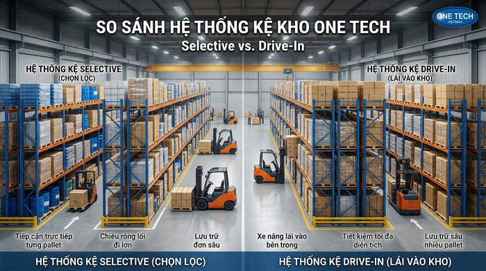 Kệ Selective và kệ Drive In tại Phú Thọ Minh họa khác biệt giữa kệ Selective và kệ Drive In trong kho hàng