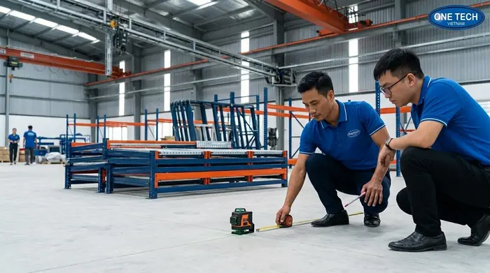 Khảo sát nền kho trước khi lắp đặt kệ push back tại Phú Thọ