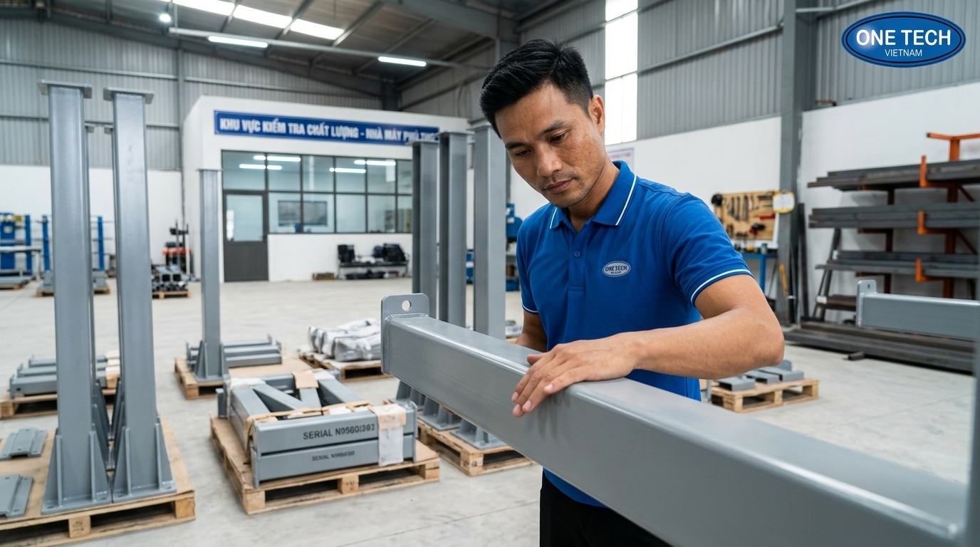 Kiểm tra chất lượng kệ tay đỡ trước khi lắp đặt tại kho Phú Thọ