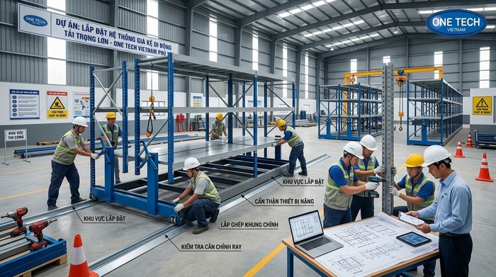 Lắp đặt kệ mobile rack tại kho hàng Phú Thọ theo bản vẽ kỹ thuật