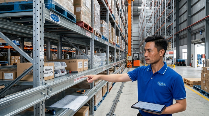 Lắp đặt ray dẫn hướng và kệ cho hệ thống Stacker Crane