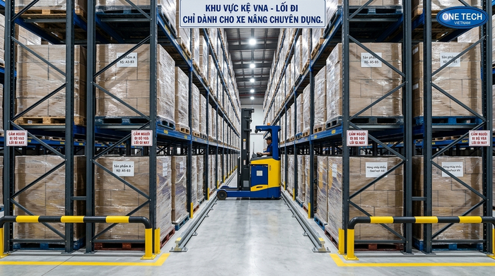 Ray dẫn hướng cho xe nâng VNA trong hệ thống kệ narrow aisle