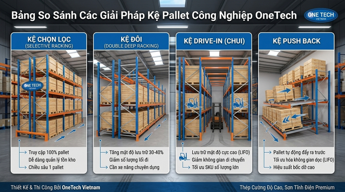 So sánh kệ Selective Double Deep Drive In và Push Back cho kho pallet Phú Thọ