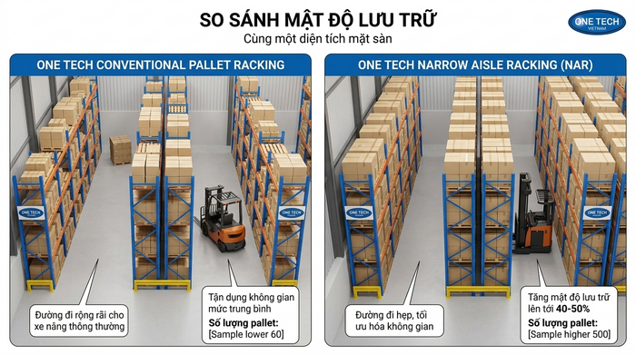 Bảng so sánh kệ selective và kệ Narrow Aisle về mật độ lưu trữ