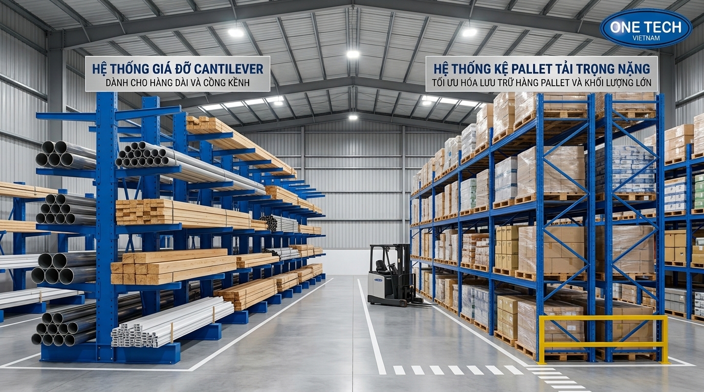 So sánh kệ tay đỡ và kệ pallet trong kho hàng công nghiệp