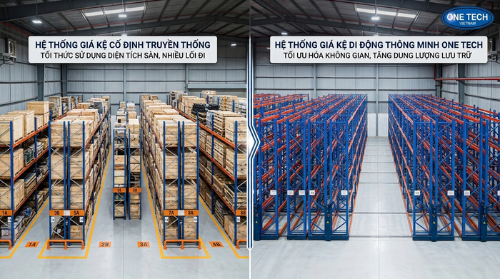 So sánh lối đi giữa kệ cố định và kệ kho di động Phú Thọ
