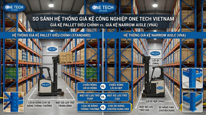So sánh lối đi kệ pallet thường và kệ narrow aisle trong kho công nghiệp