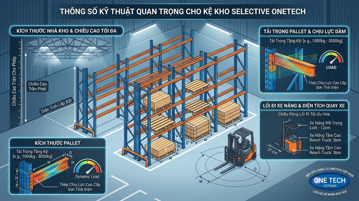 Thông số kệ Selective tải trọng nặng Thông số kỹ thuật kệ Selective tải trọng nặng cần xác định trước khi báo giá