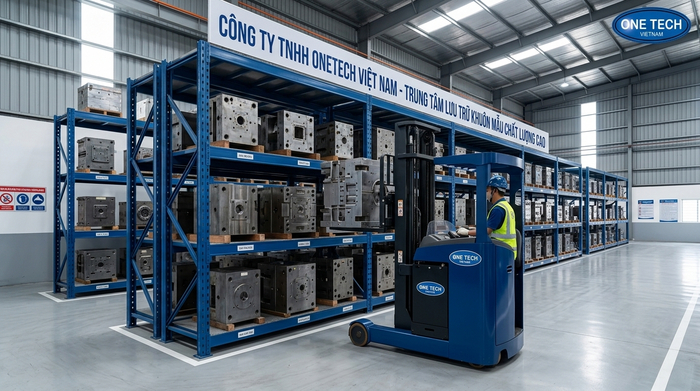 Xe nâng chuyên dụng thao tác với kệ khuôn trong kho xưởng
