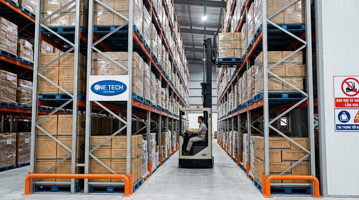 Xe nâng VNA chuyên dụng vận hành trong lối đi hẹp của kệ Narrow Aisle