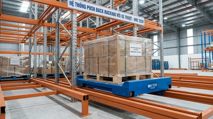 Xe trượt trong hệ kệ push back giúp pallet di chuyển an toàn