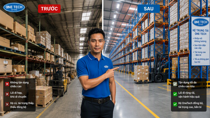 So sánh bố trí kệ kho trước và sau tối ưu So sánh kho hàng trước và sau khi tối ưu bằng hệ thống kệ kho