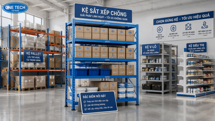 So sánh kệ xếp chồng với các loại kệ kho khác So sánh kệ xếp chồng với kệ pallet kệ v lỗ và kệ siêu thị