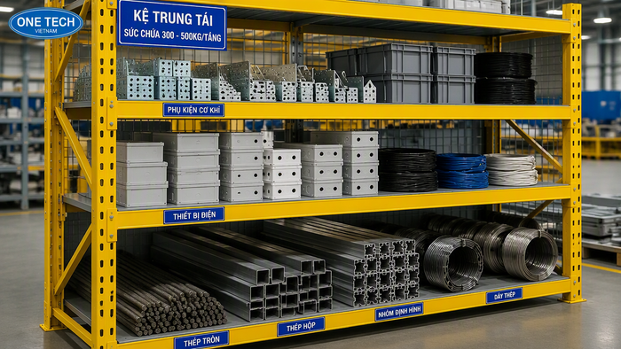 Kệ trung tải lưu trữ linh kiện và vật tư trong kho sản xuất